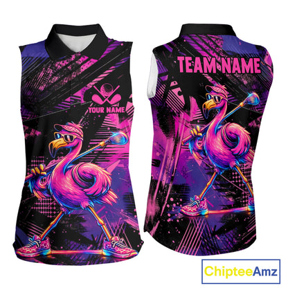 Funny Neon Flamingo Womens Sleeveless Golf Polo Shirt – Custom Personalized Golf Team Apparel 
