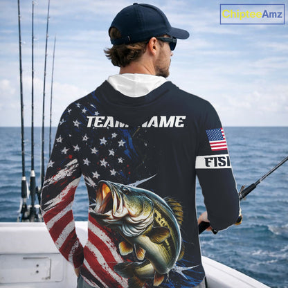Bass Fishing Shirts Long Sleeve Hooded American USA Flag Camo Custom Name, Fishing Jersey For Men NHT959