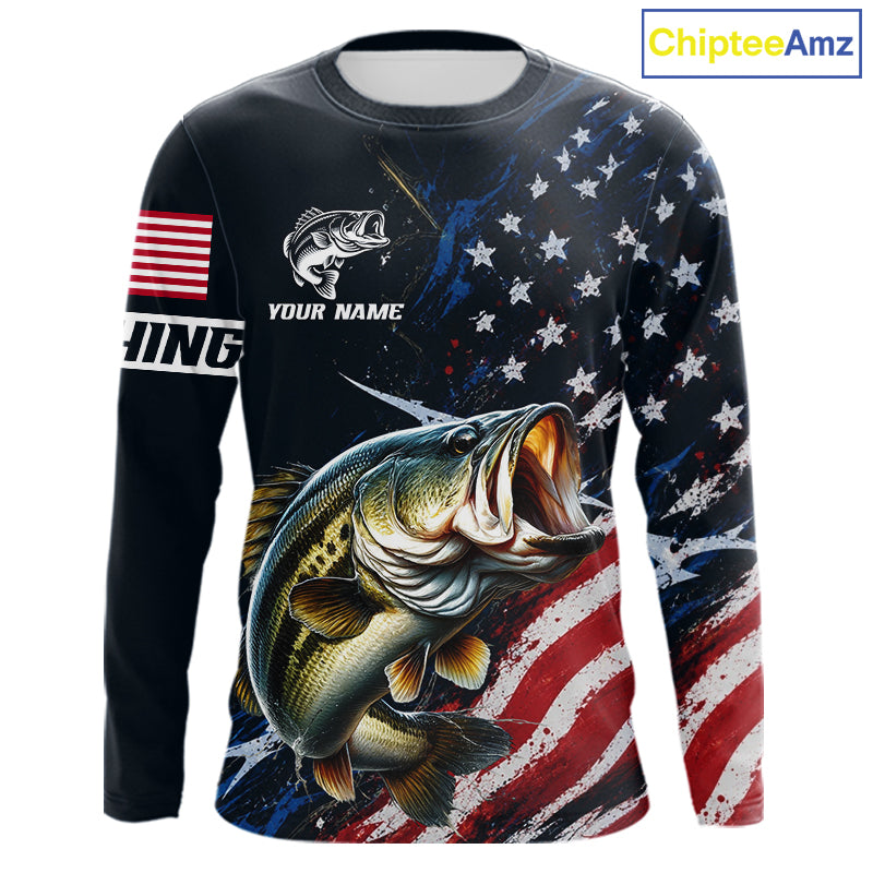 Bass Fishing Shirt Long Sleeve USA Flag, Custom Name Jersey