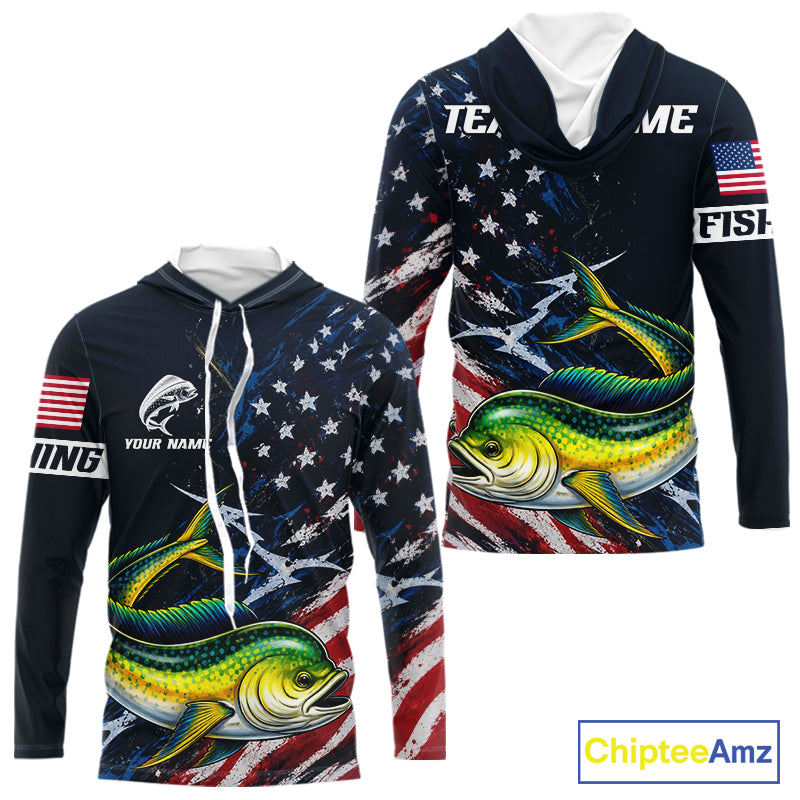 Mahi Mahi Fishing Shirt Long Sleeve Hooded USA Flag Custom Name Jersey