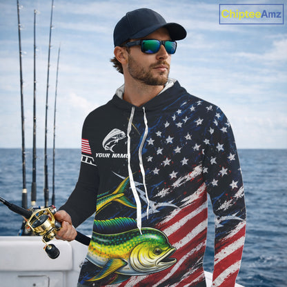 Mahi Mahi Fishing Shirts Long Sleeve Hooded American USA Flag Camo Custom Name, Fishing Jersey For Men NHT960