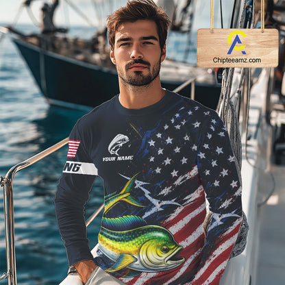 Mahi Mahi Fishing Shirt Long Sleeve USA Flag Custom Name Jersey