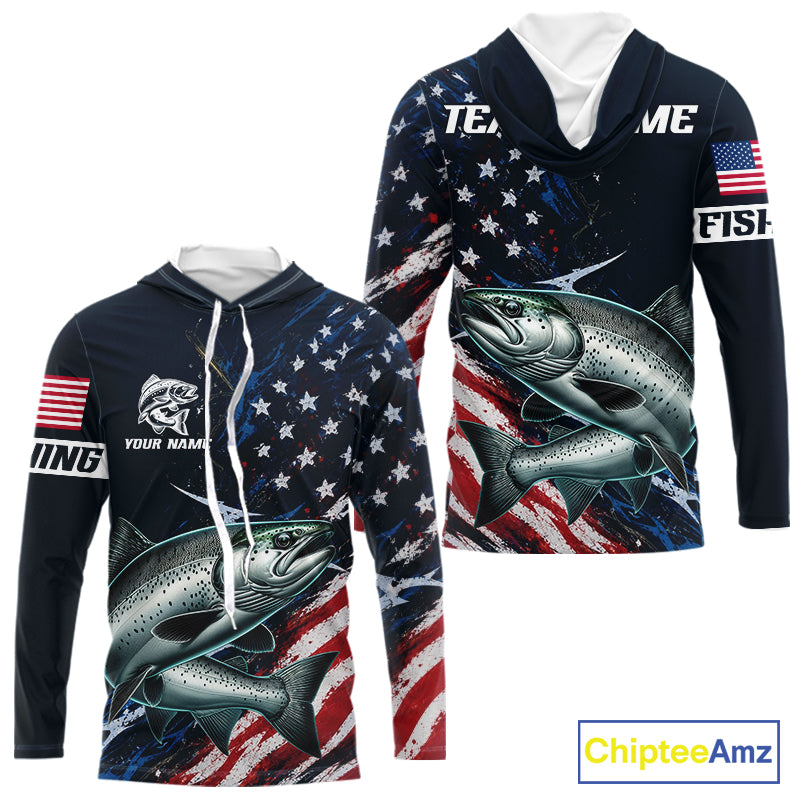 Chinook Salmon Long Sleeve Hooded Fishing Shirt USA Flag Camo, Custom