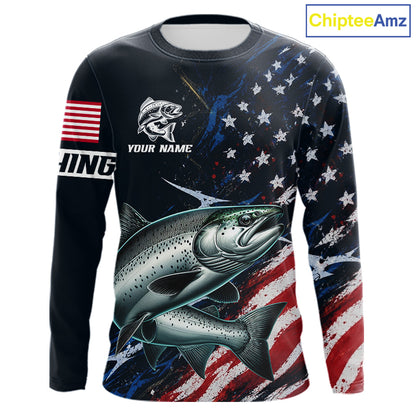 Chinook Salmon Long Sleeve Fishing Shirt USA Flag Camo, Custom