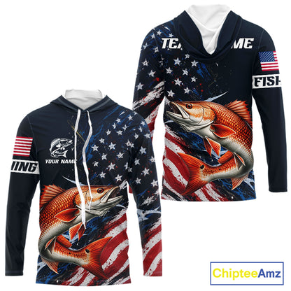 Redfish Fishing Shirt Long Sleeve Hooded USA Flag Camo, Custom Name