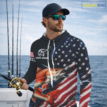 Redfish Fishing Shirts Long Sleeve Hooded American USA Flag Camo, Fishing Jersey For Men NHT962