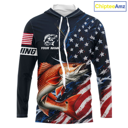 Redfish Fishing Shirt Long Sleeve Hooded USA Flag Camo, Custom Name