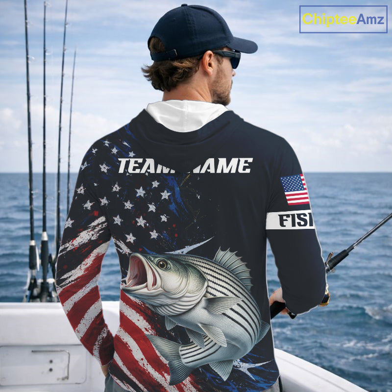 Striped Bass Fishing Shirts Long Sleeve Hooded American USA Flag Camo, Fishing Jersey For Men NHT963