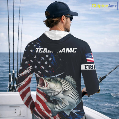 Striped Bass Fishing Shirts Long Sleeve Hooded American USA Flag Camo, Fishing Jersey For Men NHT963