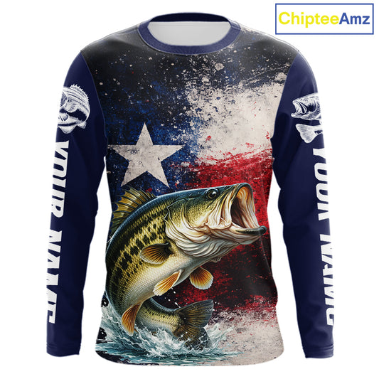 Personalized Bass Custom Texas Flag Performance Fishing Shirts, Bass Fishing Shirts Long Sleeve For Men NHT607