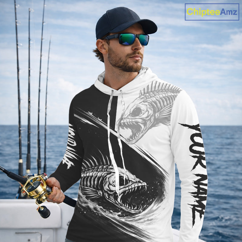 Personalized Fish Skeleton Hooded Fishing Shirts Jerseys, Fish Reaper Skull Fishing Shirts For Men NHT824