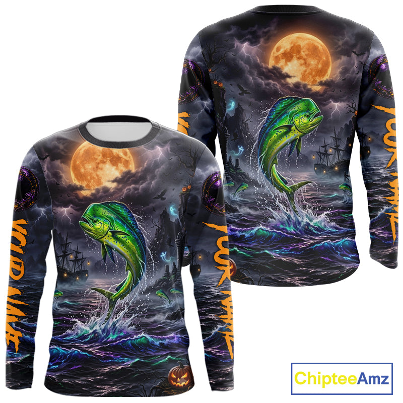 A long-sleeve crewneck shirt shown from both front and back, featuring an all-over Halloween-themed graphic print with a green jumping fish, dark stormy sky, orange full moon, ships, and orange vertical text on the sleeves. A ChipteeAmz logo appears in the bottom right corner.