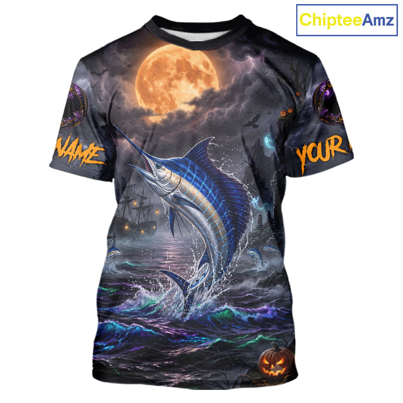 A custom short-sleeve t-shirt with an all-over Halloween-themed graphic print. The design features a large blue marlin jumping out of dark, churning ocean waves under a glowing orange full moon, with customizable text placeholders 'NAME' and 'YOUR' on the sleeves, a jack-o'-lantern at the bottom, and a 'ChipteeAmz' logo in the top right corner.