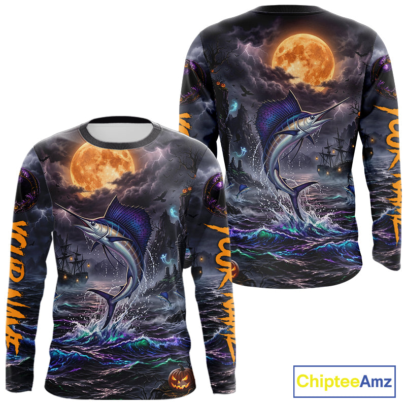 A long-sleeve crewneck shirt shown from both front and back, featuring an all-over Halloween-themed print with a jumping marlin, stormy ocean waves, a large orange moon, ships, and orange vertical text on the sleeves. A ChipteeAmz logo appears in the bottom right corner.