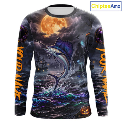 A long-sleeve crewneck shirt with an all-over Halloween-themed graphic print featuring a jumping marlin under a full moon, stormy seas, ghosts, and orange text on the sleeves, shown on a white background with a ChipteeAmz logo in the top right corner.