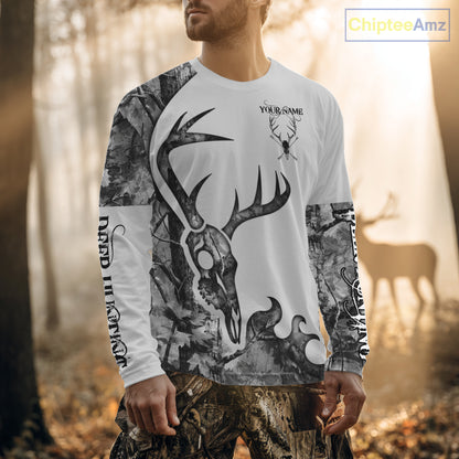 Deer Hunting Shirt Best 3D All Over Print Skull Deer Personalized Name Gray Camo NHT62