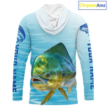 Load image into Gallery viewer, Hooded  Mahi Mahi Ocean Blue Performance Fishing Shirt, Mahi Mahi Tournament Fishing Shirts NHT615