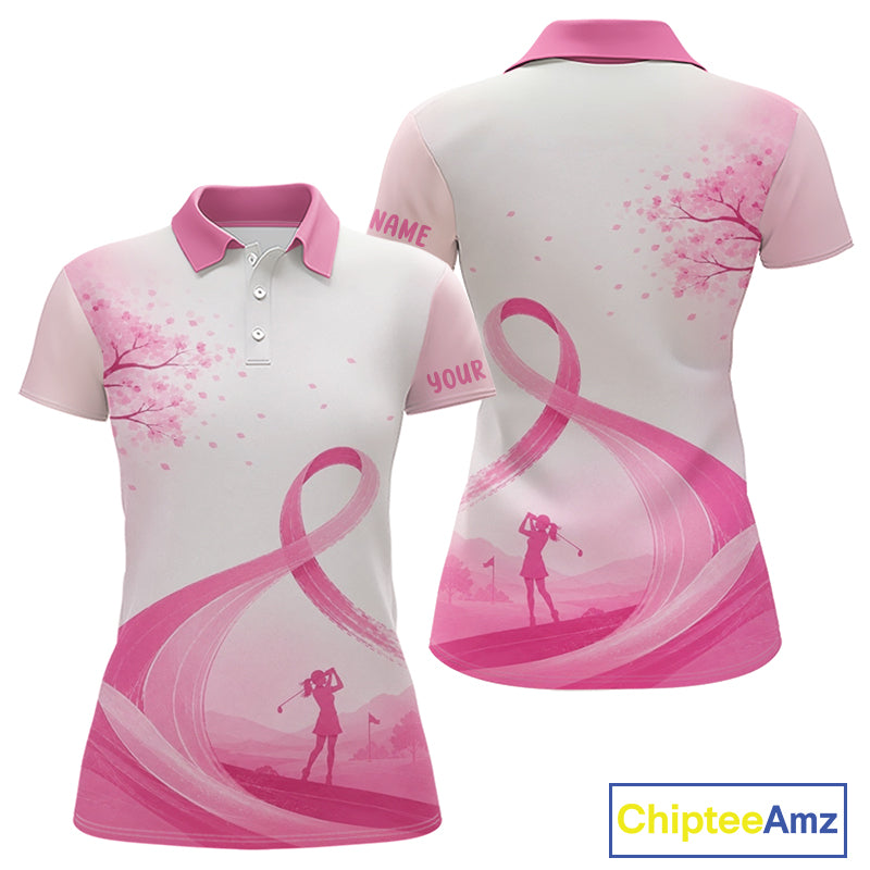 Breast Cancer Awareness Pink Ribbon Golf Polo & Cherry Blossom Personalized Name Lady Golfer