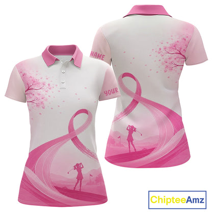 Breast Cancer Awareness Pink Ribbon Golf Polo & Cherry Blossom Personalized Name Lady Golfer