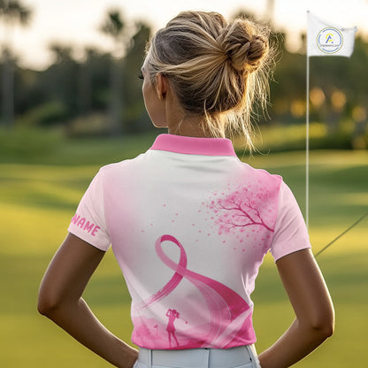 Breast Cancer Awareness Pink Ribbon Golf Polo & Cherry Blossom Personalized Name Lady Golfer