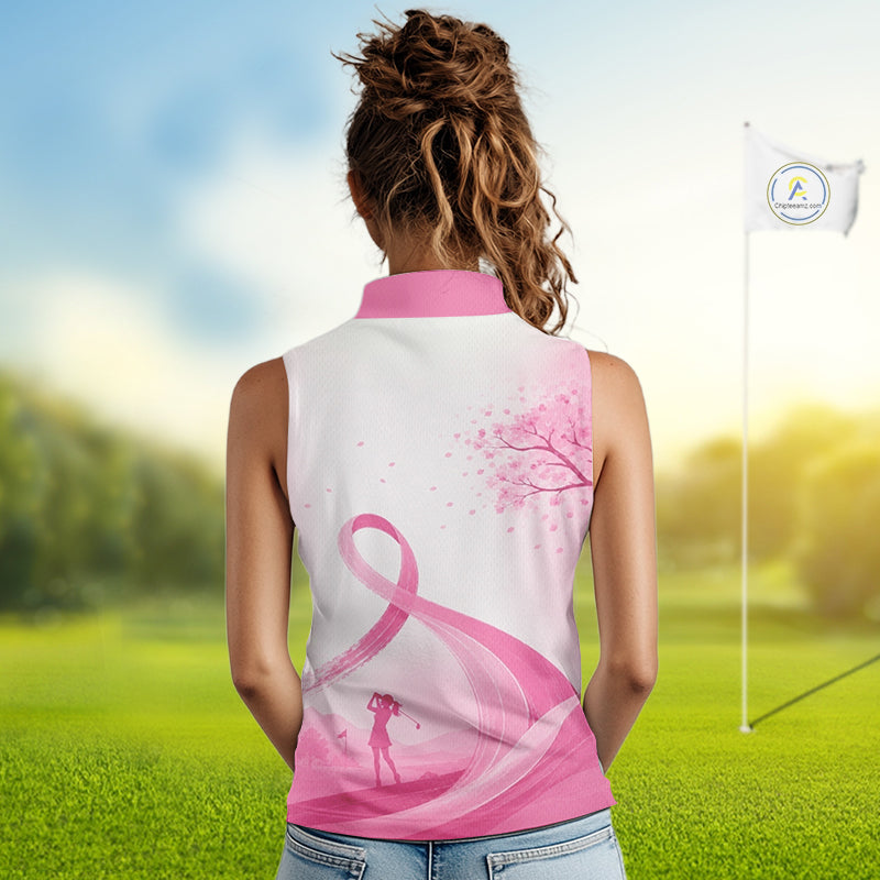Breast Cancer Awareness Pink Ribbon Women's Sleeveless Golf Polo & Cherry Blossom Personalized Name Lady Golfer