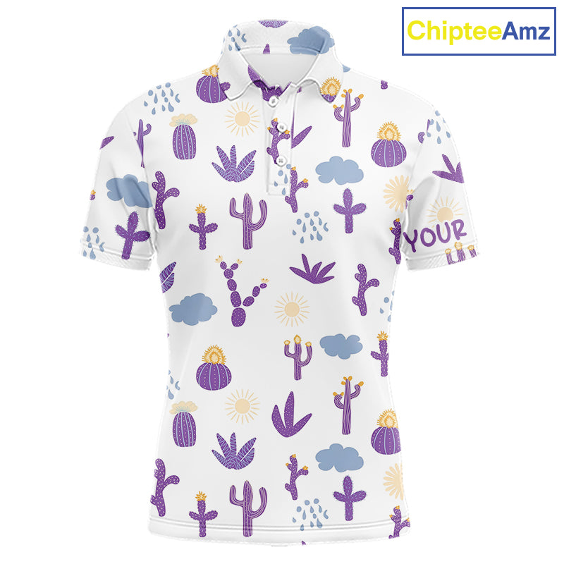Custom Purple Cactus Mens Golf Polo Shirt - Personalized Desert Pattern Performance Golf Jersey NHT980 - Men's Long Sleeve...