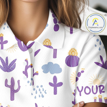 Custom Purple Cactus Women's Golf Polo Shirt - Personalized Desert Pattern Performance Golf Jersey