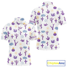 Load image into Gallery viewer, White polo shirt with purple cactus pattern on a white background