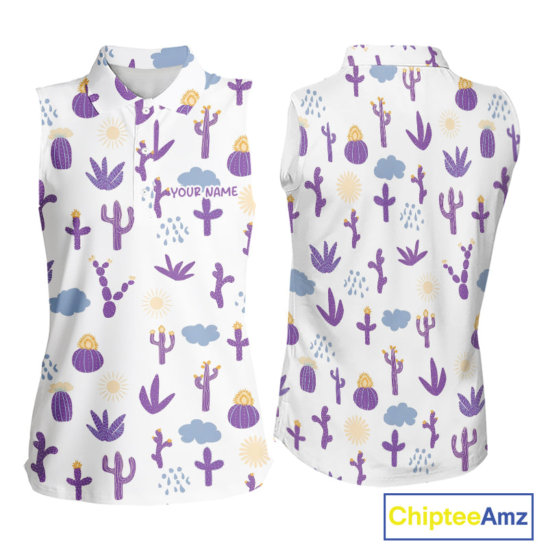 Custom Purple Cactus Women's Sleeveless Golf Polo Shirt - Personalized Desert Pattern Performance Golf Jersey