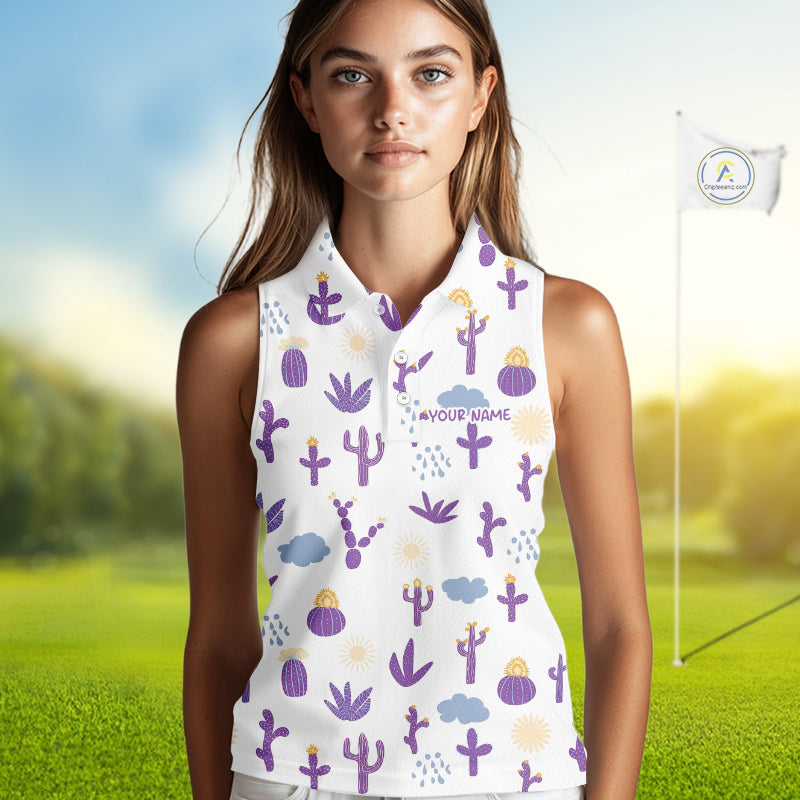Woman wearing a white sleeveless shirt with purple cactus pattern on a golf course