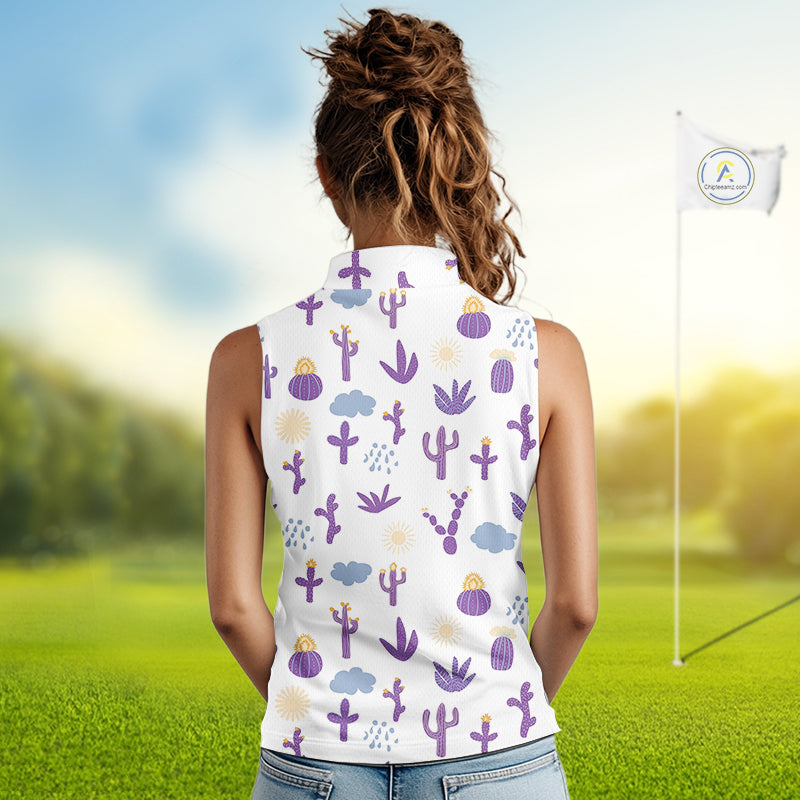 Custom Purple Cactus Women's Sleeveless Golf Polo Shirt - Personalized Desert Pattern Performance Golf Jersey NHT980