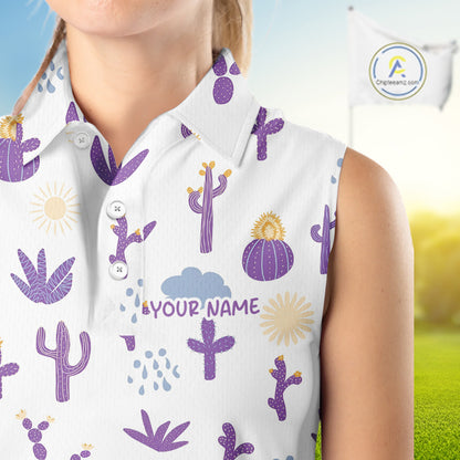 White sleeveless shirt with cactus pattern and 'Your Name' text on a blurred outdoor background