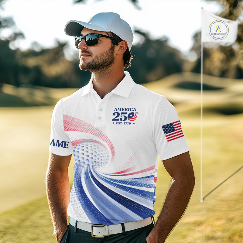 Man in a golf course wearing a white polo shirt with American-themed design.