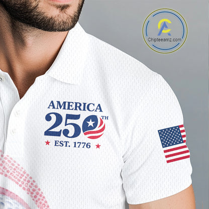 White shirt with 'America 250th' design and American flag on a gray background