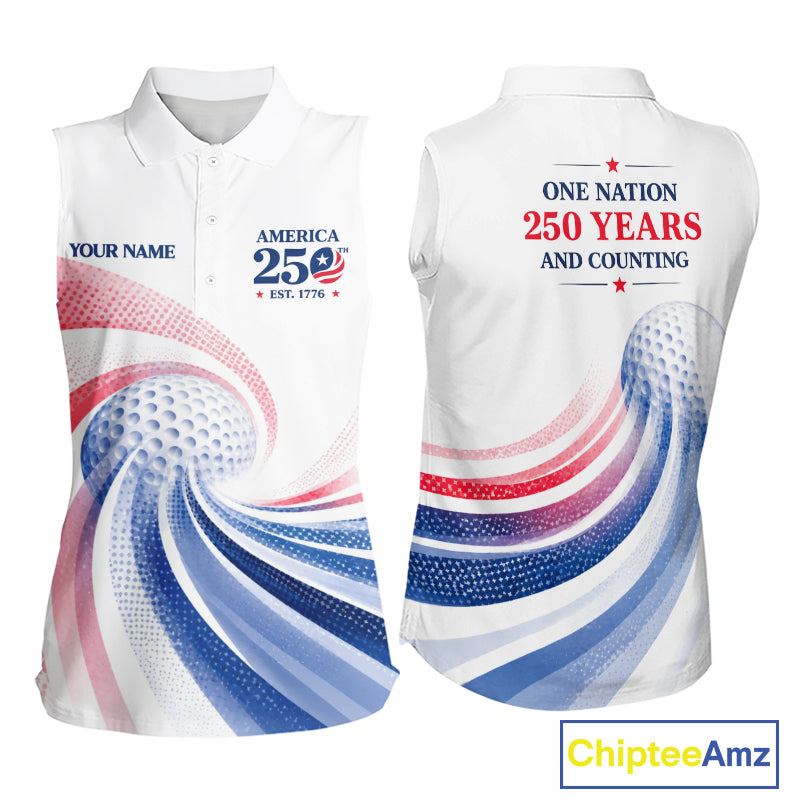 Custom America 250Th Anniversary Women's Sleeveless Golf Polo - Patriotic USA Flag Personalized Performance Jersey