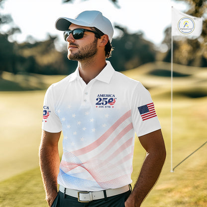 Man in a golf course wearing a white polo shirt with American flag design