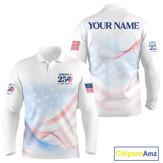 White long-sleeve polo shirt with American flag design and 'Chiptee Amz' branding.