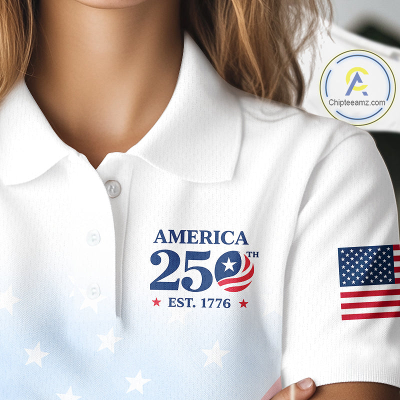 Personalized America 250 Years Shirt Custom Name Patriotic USA Stars Women's Polo Golf Shirt