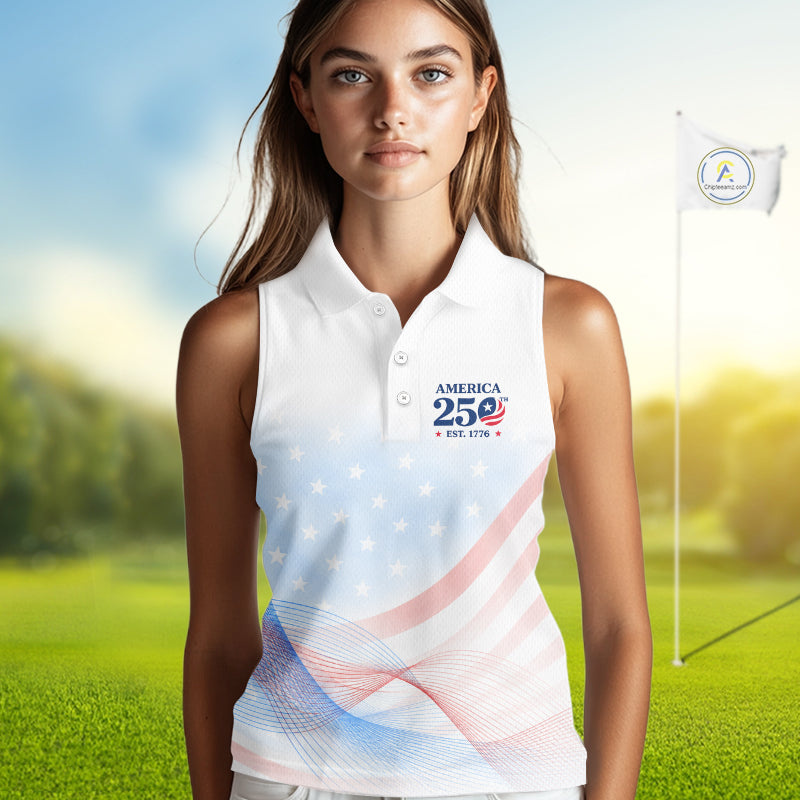 Personalized America 250 Years Shirt Custom Name Patriotic USA Stars Women's Sleeveless Polo Golf Shirt