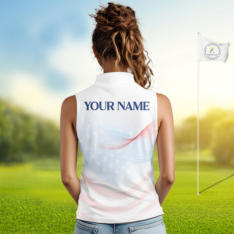 Personalized American Flag Years Shirt Custom Name Patriotic USA Stars Women's Sleeveless Polo Golf Shirt NHT983