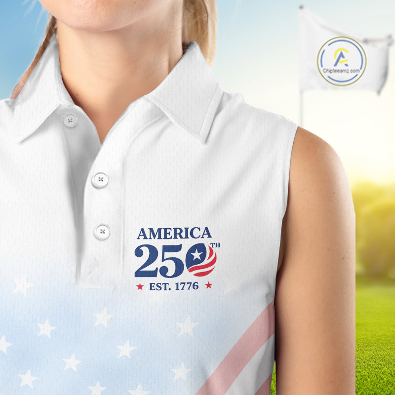 Personalized America 250 Years Shirt Custom Name Patriotic USA Stars Women's Sleeveless Polo Golf Shirt