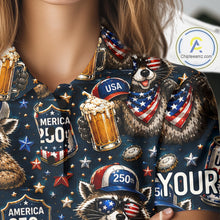 Load image into Gallery viewer, Personalized Women's Patriotic Raccoon Shirt Custom Name USA 250 Years Polo Funny Beer &amp; Golf Lover Gift