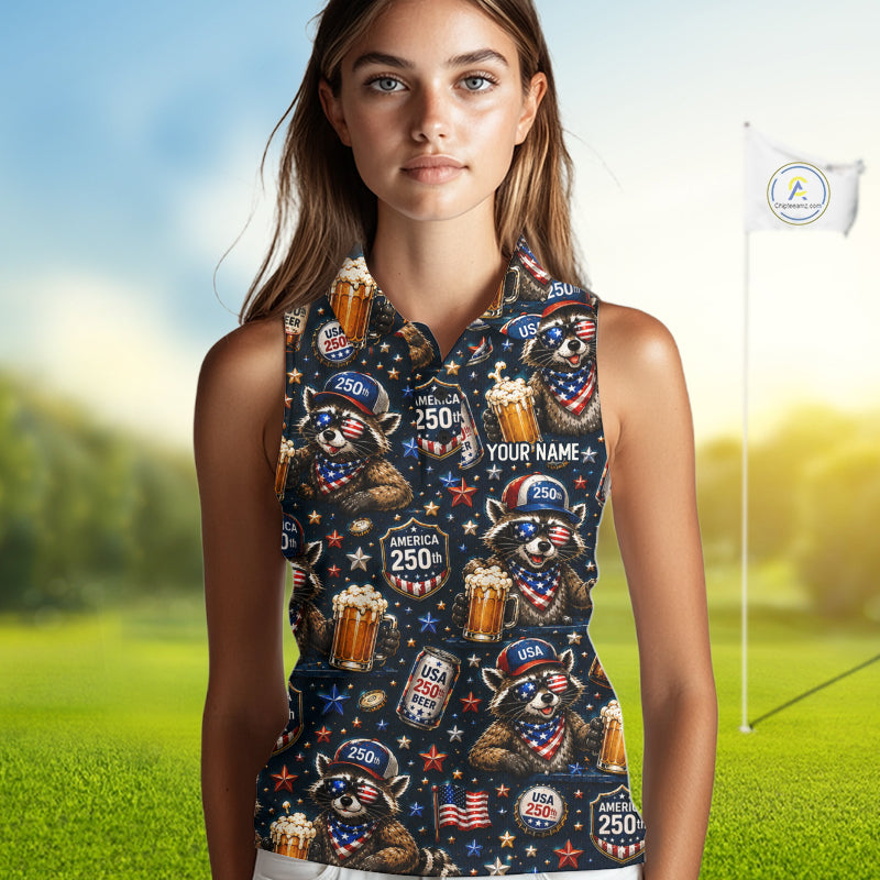 Personalized Patriotic Raccoon Shirt Custom Name USA 250 Years Women's Sleeveless Polo Funny Beer & Golf Lover Gift