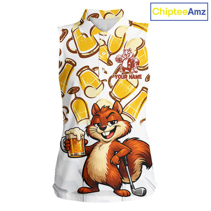 Custom Funny Squirrel Women's Sleeveless Golf Polo Shirts - Personalized Beer Lover Performance Jersey NHT986 - Women's Sl...