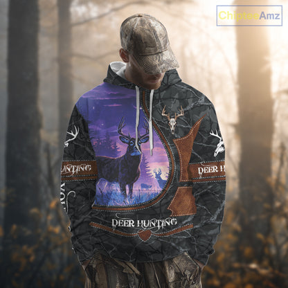 Custom 3D Whitetail Deer Hunting Shirt With Night Forest Scene, Camo Pattern And Skull Design NHT76