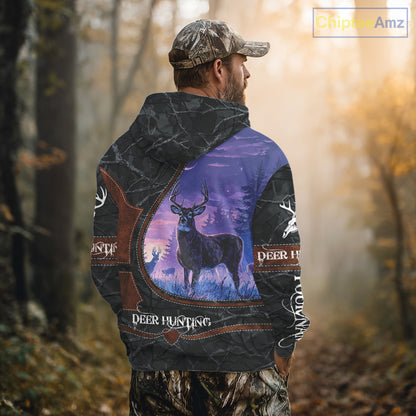 Custom 3D Whitetail Deer Hunting Shirt With Night Forest Scene, Camo Pattern And Skull Design NHT76