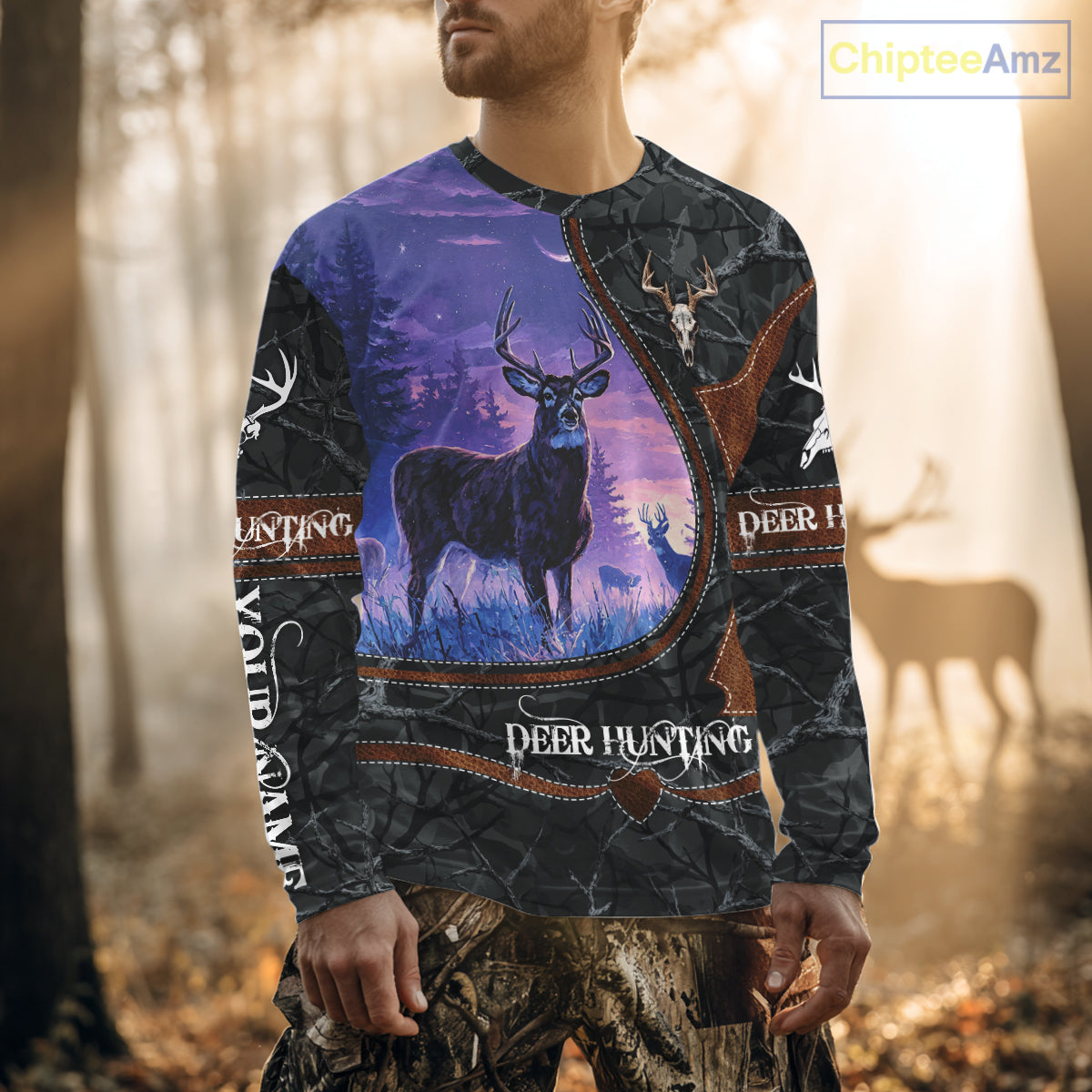 Custom 3D Whitetail Deer Hunting Shirt With Night Forest Scene, Camo Pattern And Skull Design NHT76