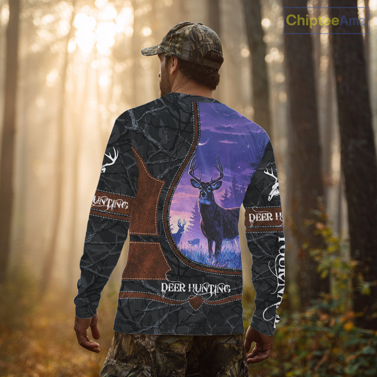 Custom 3D Whitetail Deer Hunting Shirt With Night Forest Scene, Camo Pattern And Skull Design NHT76