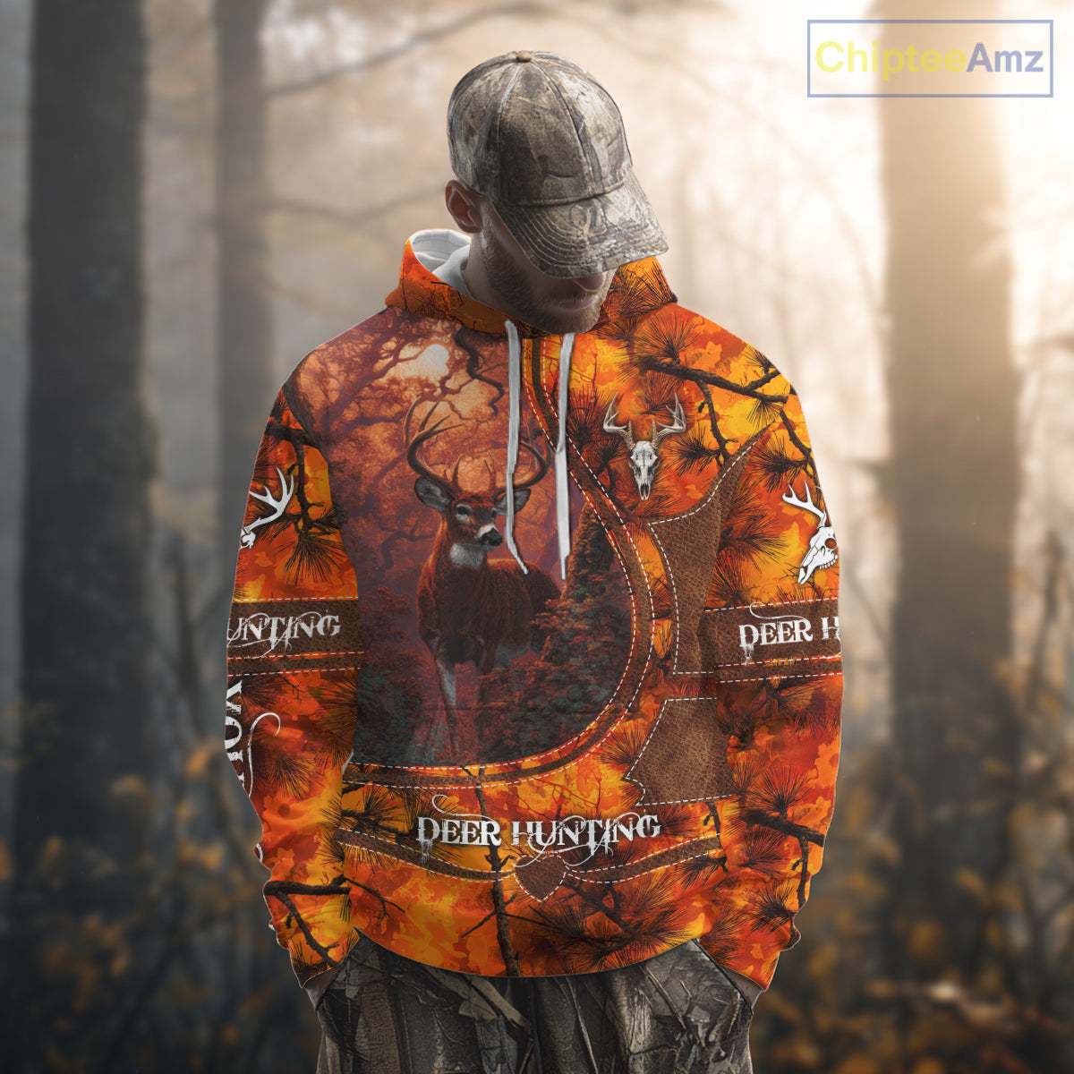 Whitetail Deer Hunting Shirt With Orange Camo Pattern And Skull Design For Hunters NHT77