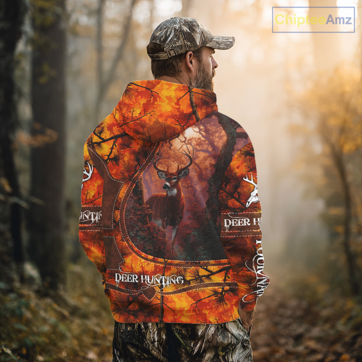 Whitetail Deer Hunting Shirt With Orange Camo Pattern And Skull Design For Hunters NHT77